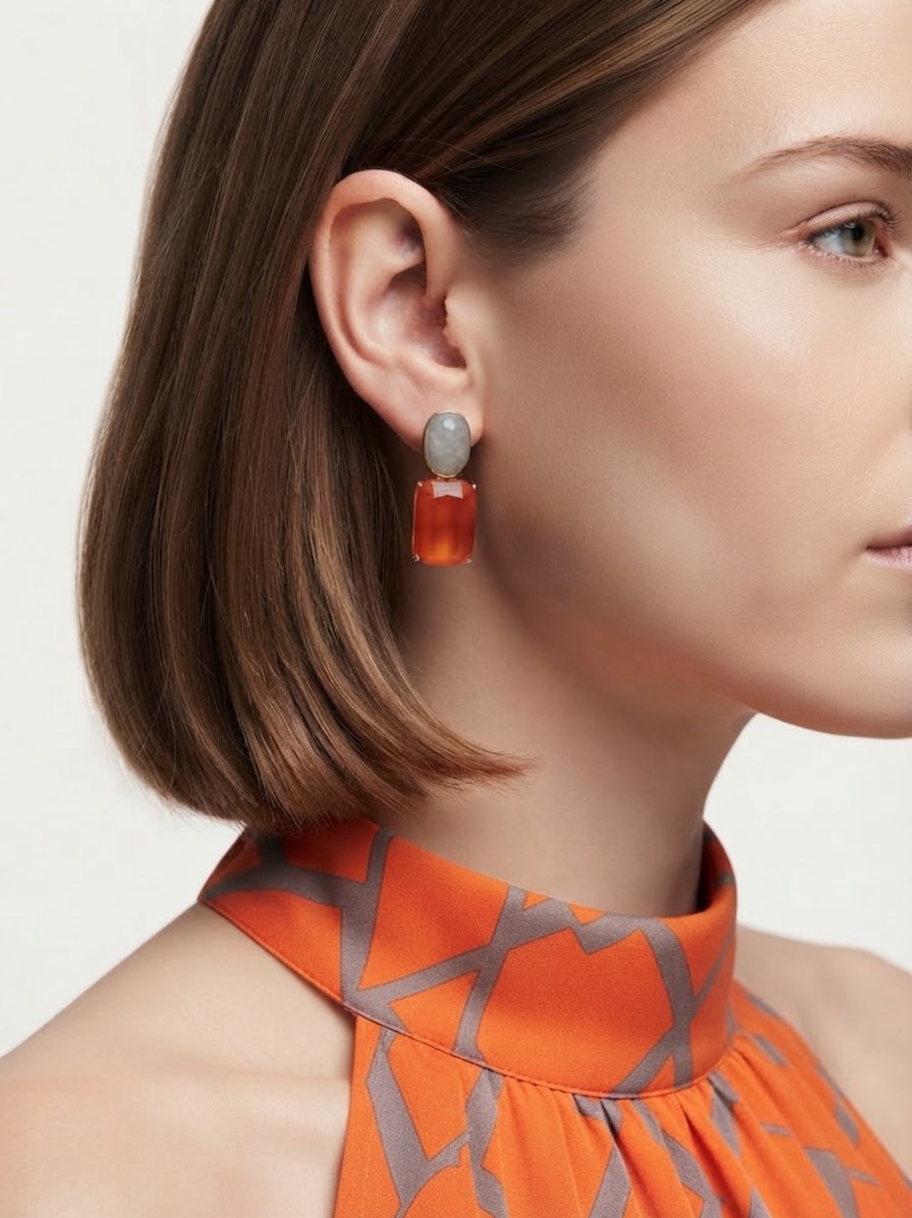 Vintage Orange & Gray Stone Drop Earrings | Gold Tone Prong-Set Earrings